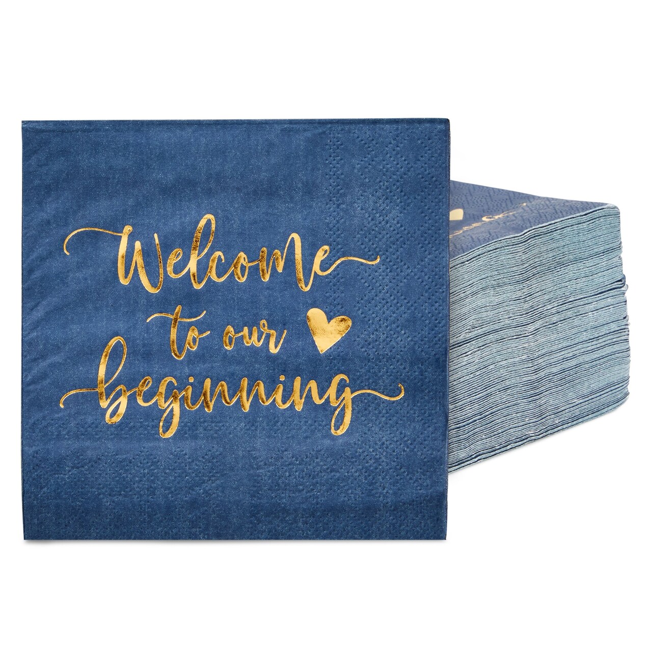 100 Pack Navy Blue Wedding Cocktail Napkins Bulk for Reception, Welcome to our Beginning, Gold Foil (5 x 5 In)